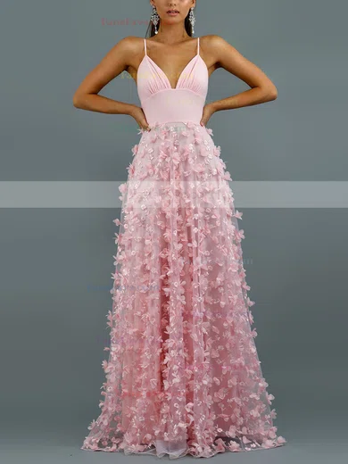 A-line V-neck Lace Sweep Train Flower(s) Prom Dresses #Favs020107882