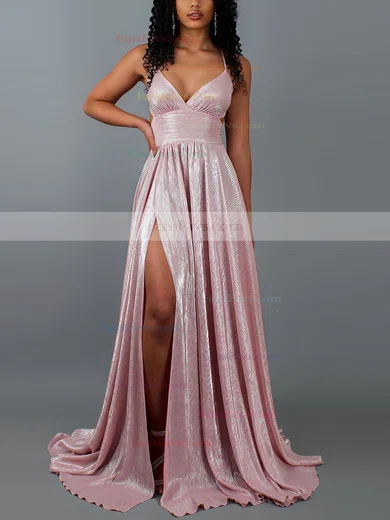 A-line V-neck Glitter Sweep Train Split Front Prom Dresses #Favs020107884