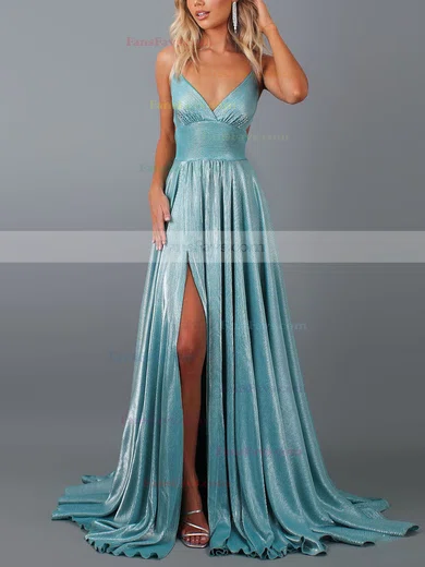 A-line V-neck Glitter Sweep Train Split Front Prom Dresses #Favs020107884