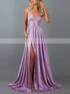 A-line V-neck Glitter Sweep Train Split Front Prom Dresses #Favs020107884