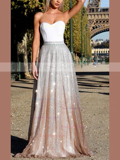 A-line Sweetheart Satin Glitter Sweep Train Prom Dresses #Favs020107885