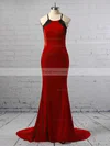 Trumpet/Mermaid Halter Velvet Sweep Train Appliques Lace Prom Dresses #Favs020104830
