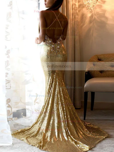 Trumpet/Mermaid V-neck Sequined Sweep Train Appliques Lace Prom Dresses #Favs020107888