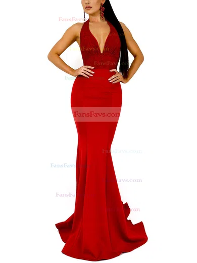 Trumpet/Mermaid Halter Satin Sweep Train Appliques Lace Prom Dresses #Favs020107889
