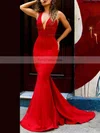 Trumpet/Mermaid Halter Satin Sweep Train Appliques Lace Prom Dresses #Favs020107889