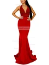 Trumpet/Mermaid Halter Satin Sweep Train Appliques Lace Prom Dresses #Favs020107889