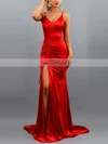 Trumpet/Mermaid V-neck Silk-like Satin Sweep Train Ruffles Prom Dresses #Favs020107891