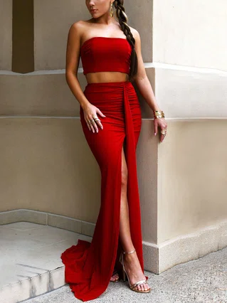 Trumpet/Mermaid Strapless Glitter Sweep Train Ruffles Prom Dresses #Favs020107894