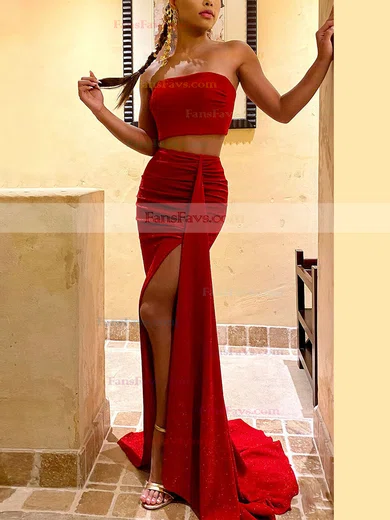 Trumpet/Mermaid Strapless Glitter Sweep Train Ruffles Prom Dresses #Favs020107894