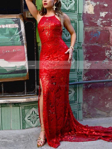 Trumpet/Mermaid Scoop Neck Lace Sweep Train Split Front Prom Dresses #Favs020107895