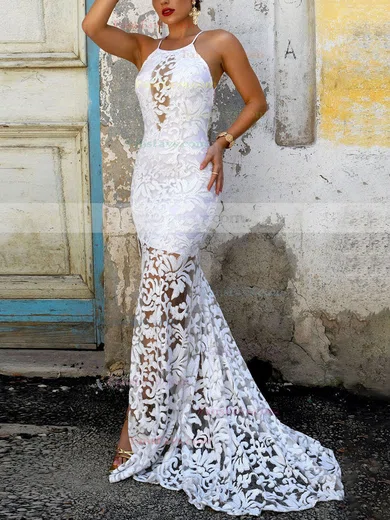 Trumpet/Mermaid Scoop Neck Lace Sweep Train Split Front Prom Dresses #Favs020107895