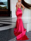 Trumpet/Mermaid V-neck Silk-like Satin Sweep Train Split Front Prom Dresses #Favs020107897