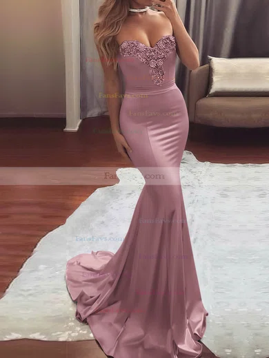 Trumpet/Mermaid Sweetheart Silk-like Satin Sweep Train Beading Prom Dresses #Favs020104831