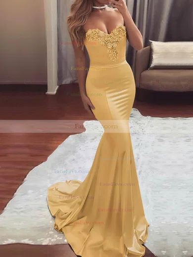 Trumpet/Mermaid Sweetheart Silk-like Satin Sweep Train Beading Prom Dresses #Favs020104831