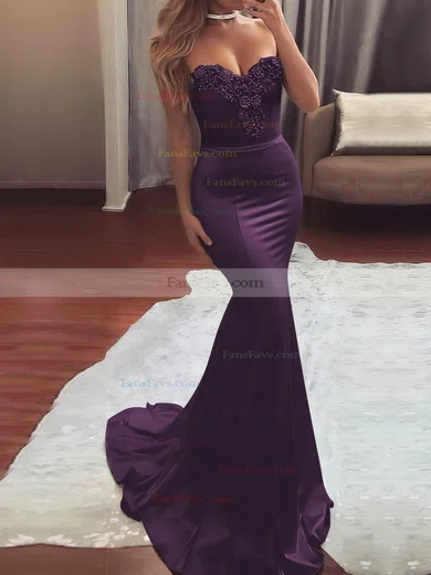 Trumpet/Mermaid Sweetheart Silk-like Satin Sweep Train Beading Prom Dresses #Favs020104831