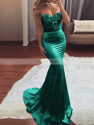 Trumpet/Mermaid Sweetheart Silk-like Satin Sweep Train Beading Prom Dresses #Favs020104831