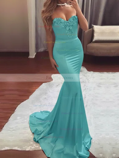 Trumpet/Mermaid Sweetheart Silk-like Satin Sweep Train Beading Prom Dresses #Favs020104831