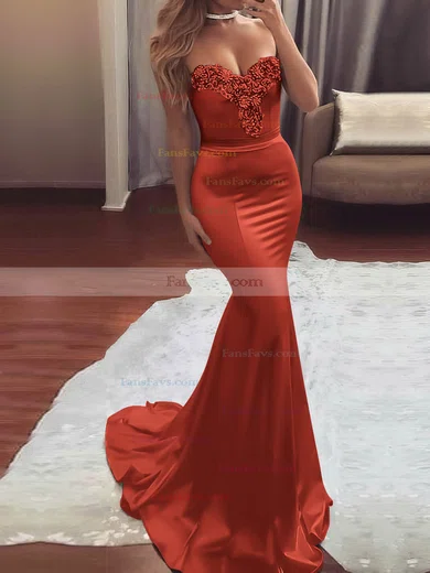 Trumpet/Mermaid Sweetheart Silk-like Satin Sweep Train Beading Prom Dresses #Favs020104831