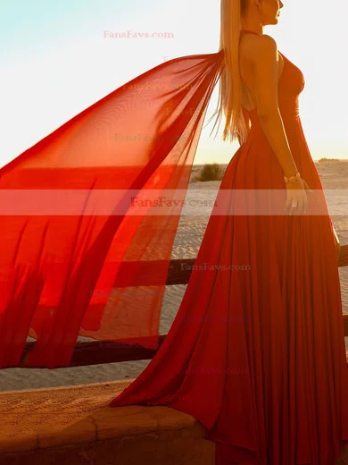 A-line Halter Chiffon Sweep Train Split Front Prom Dresses #Favs020107898