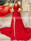 A-line Halter Chiffon Sweep Train Split Front Prom Dresses #Favs020107898