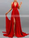 A-line Halter Chiffon Sweep Train Split Front Prom Dresses #Favs020107898
