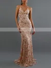 Trumpet/Mermaid V-neck Lace Sweep Train Sequins Prom Dresses #Favs020107899