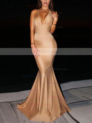 Trumpet/Mermaid Halter Jersey Sweep Train Bow Prom Dresses #Favs020107905