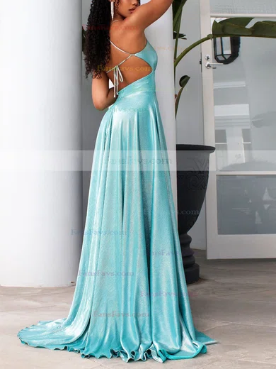 A-line V-neck Glitter Sweep Train Split Front Prom Dresses #Favs020107906