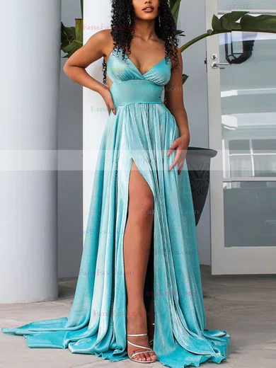 A-line V-neck Glitter Sweep Train Split Front Prom Dresses #Favs020107906