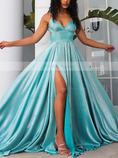 A-line V-neck Glitter Sweep Train Split Front Prom Dresses #Favs020107906