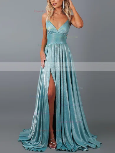 A-line V-neck Glitter Sweep Train Split Front Prom Dresses #Favs020107906