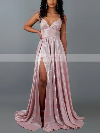 A-line V-neck Glitter Sweep Train Split Front Prom Dresses #Favs020107906