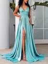 A-line V-neck Glitter Sweep Train Split Front Prom Dresses #Favs020107906