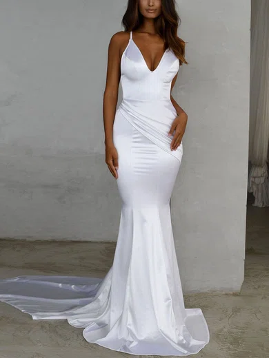 Trumpet/Mermaid V-neck Silk-like Satin Sweep Train Ruffles Prom Dresses #Favs020107910