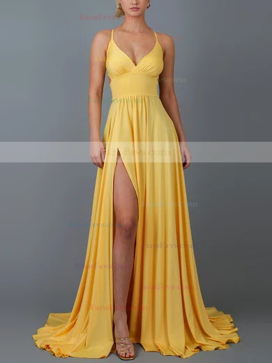 A-line V-neck Silk-like Satin Sweep Train Split Front Prom Dresses #Favs020107911