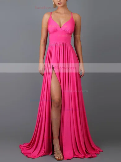 A-line V-neck Silk-like Satin Sweep Train Split Front Prom Dresses #Favs020107911
