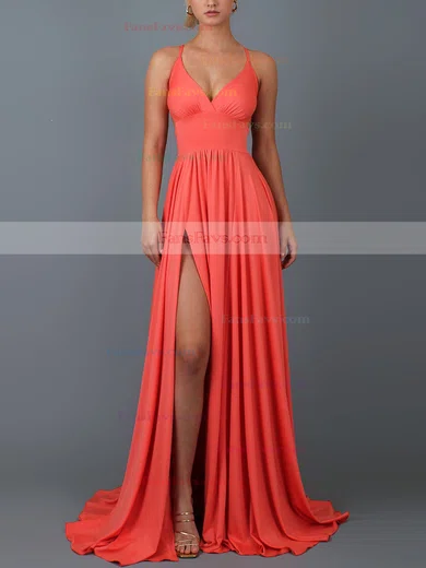 A-line V-neck Silk-like Satin Sweep Train Split Front Prom Dresses #Favs020107911