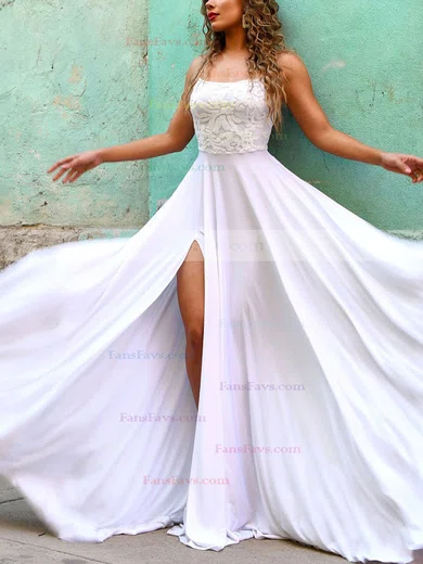 A-line Square Neckline Silk-like Satin Sweep Train Appliques Lace Prom Dresses #Favs020107912