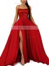 A-line Square Neckline Silk-like Satin Sweep Train Appliques Lace Prom Dresses #Favs020107912