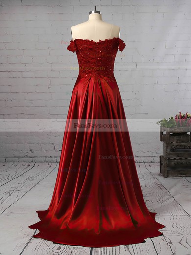 A-line Off-the-shoulder Silk-like Satin Sweep Train Appliques Lace Prom Dresses #Favs020104879