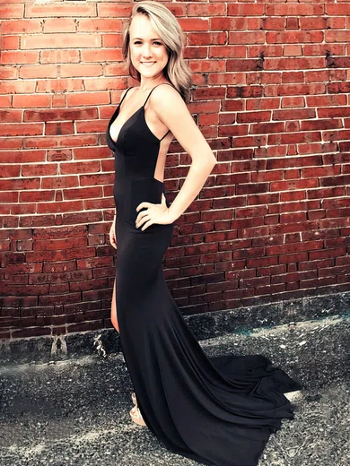 Sheath/Column V-neck Jersey Sweep Train Split Front Prom Dresses #Favs020104887