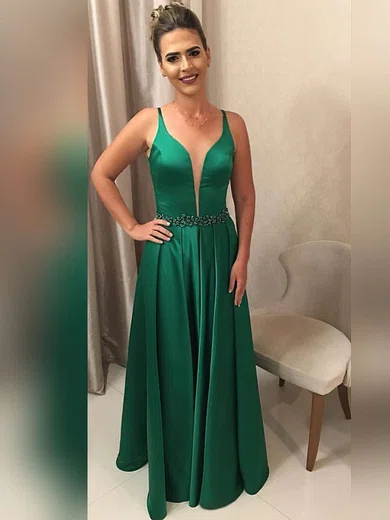 A-line V-neck Satin Floor-length Beading Prom Dresses #Favs020104888