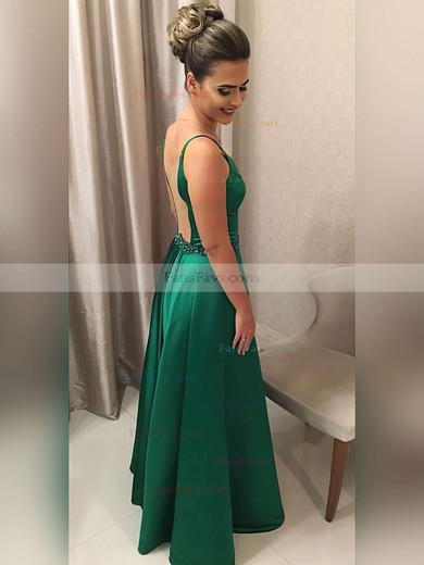 A-line V-neck Satin Floor-length Beading Prom Dresses #Favs020104888