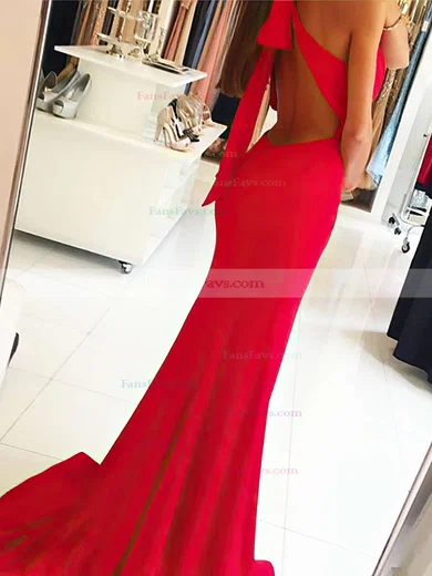 Sheath/Column Halter Jersey Sweep Train Split Front Prom Dresses #Favs020104892