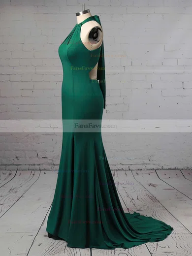 Sheath/Column Halter Jersey Sweep Train Split Front Prom Dresses #Favs020104892
