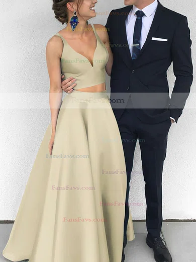 Satin V-neck Princess Floor-length Prom Dresses #Favs020104903