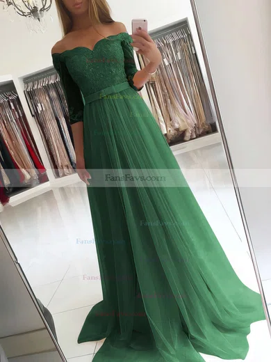 A-line Off-the-shoulder Tulle Floor-length Appliques Lace Prom Dresses #Favs020104905