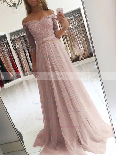 A-line Off-the-shoulder Tulle Floor-length Appliques Lace Prom Dresses #Favs020104905