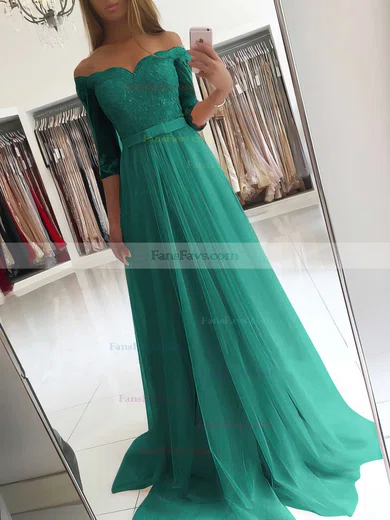 A-line Off-the-shoulder Tulle Floor-length Appliques Lace Prom Dresses #Favs020104905