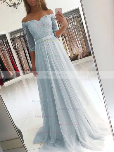 A-line Off-the-shoulder Tulle Floor-length Appliques Lace Prom Dresses #Favs020104905